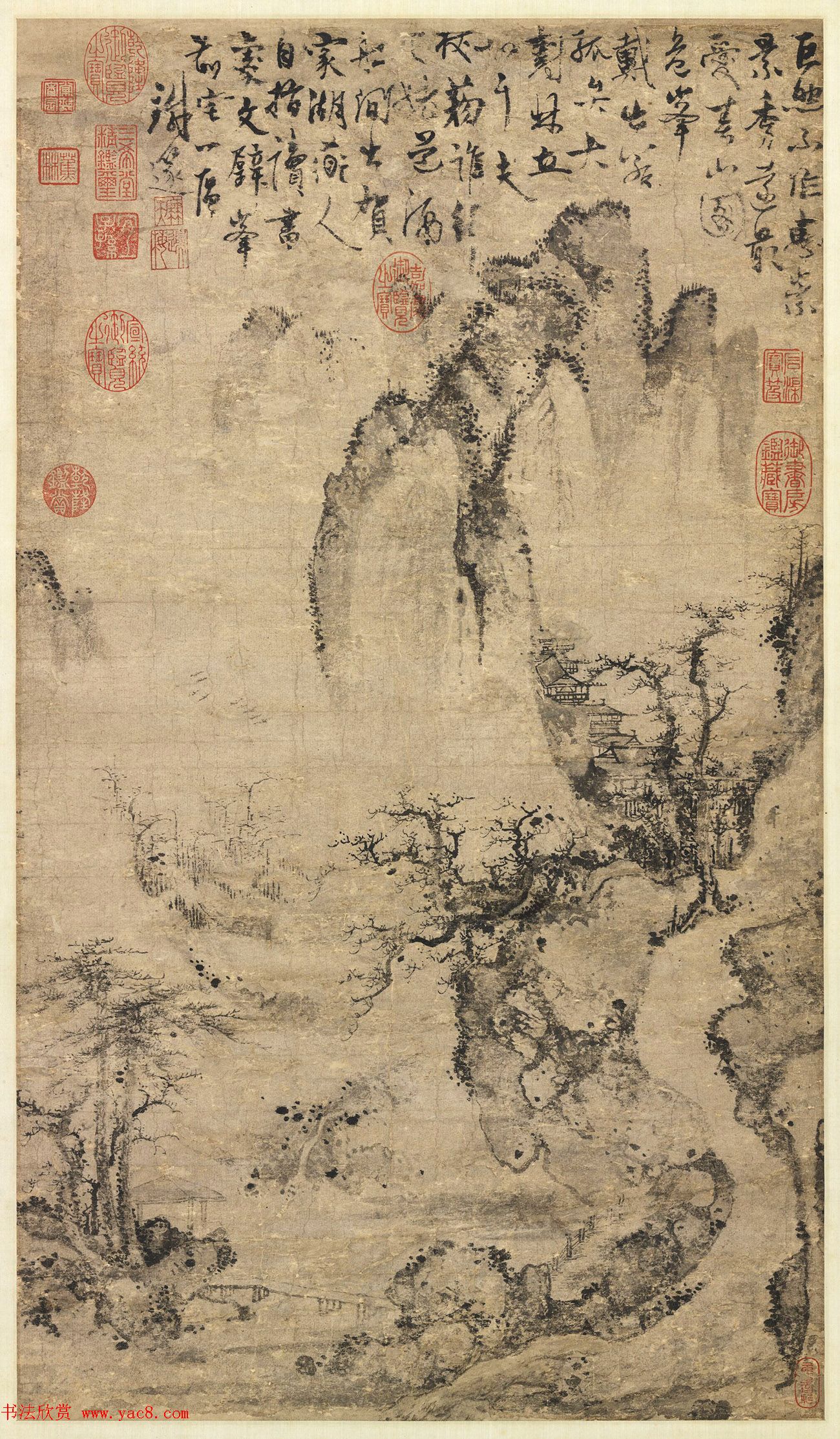 元代杨维祯题诗春山图轴